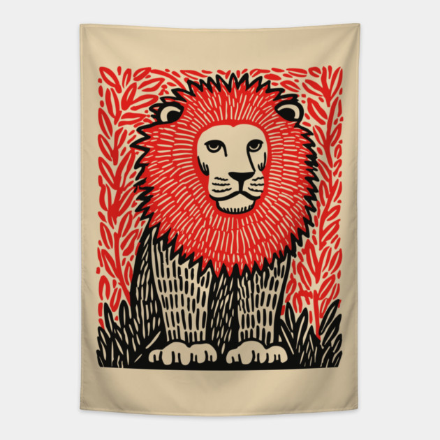 Majestic Lion Linocut Art Print - Wildlife Decor Tapestry by TuncGK