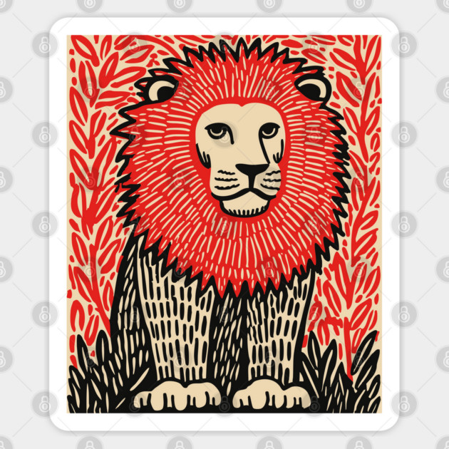 Majestic Lion Linocut Art Print - Wildlife Decor Sticker by TuncGK
