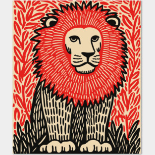 Majestic Lion Linocut Art Print - Wildlife Decor Posters and Art