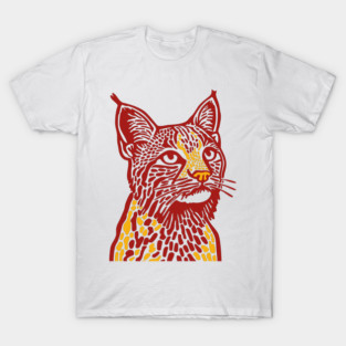Red Bobcat Linocut Art - Feline Lover Gift T-Shirt