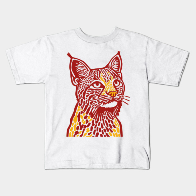 Red Bobcat Linocut Art - Feline Lover Gift Kids T-Shirt by TuncGK
