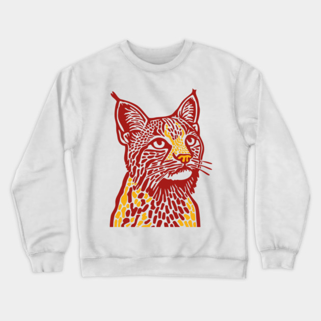 Red Bobcat Linocut Art - Feline Lover Gift Crewneck Sweatshirt by TuncGK
