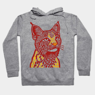 Red Bobcat Linocut Art - Feline Lover Gift Hoodie