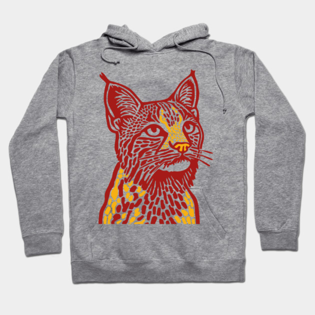 Red Bobcat Linocut Art - Feline Lover Gift Hoodie by TuncGK