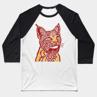 Red Bobcat Linocut Art - Feline Lover Gift Baseball T-Shirt
