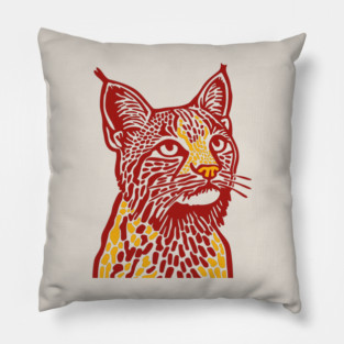Red Bobcat Linocut Art - Feline Lover Gift Pillow