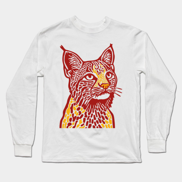 Red Bobcat Linocut Art - Feline Lover Gift Long Sleeve T-Shirt by TuncGK