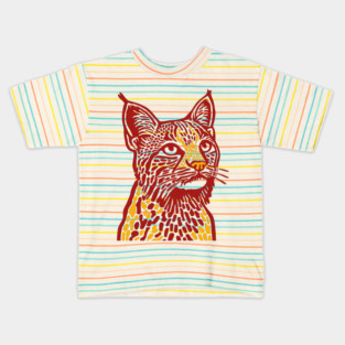 Red Bobcat Linocut Art - Feline Lover Gift Kids T-Shirt