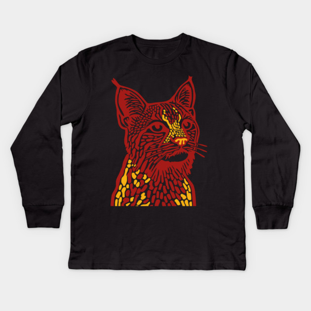 Red Bobcat Linocut Art - Feline Lover Gift Kids Long Sleeve T-Shirt by TuncGK