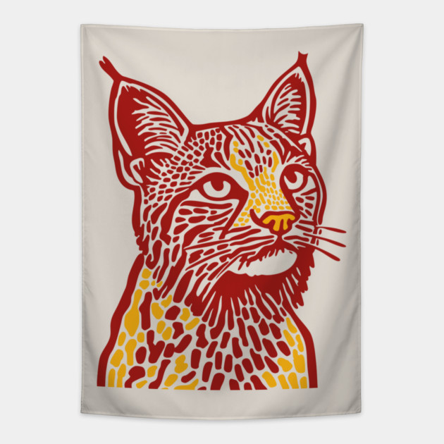 Red Bobcat Linocut Art - Feline Lover Gift Tapestry by TuncGK