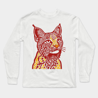 Red Bobcat Linocut Art - Feline Lover Gift Long Sleeve T-Shirt