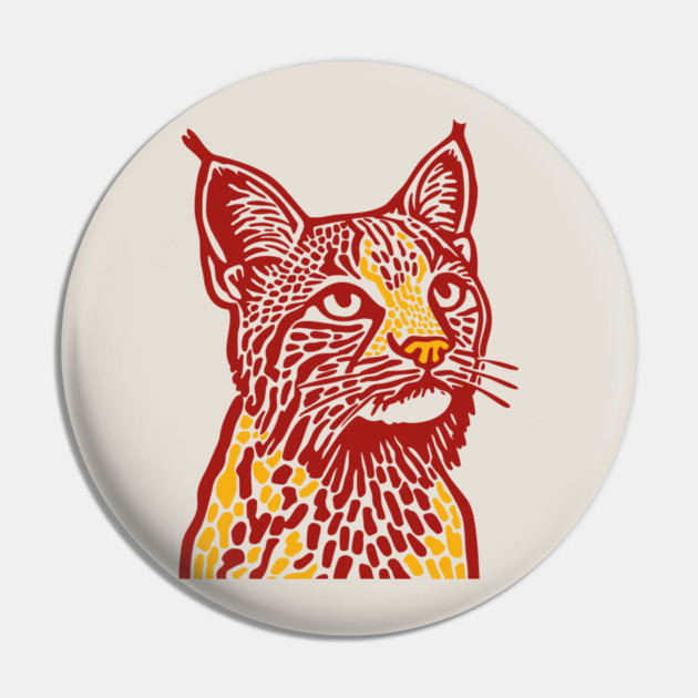 Red Bobcat Linocut Art - Feline Lover Gift Pin by TuncGK