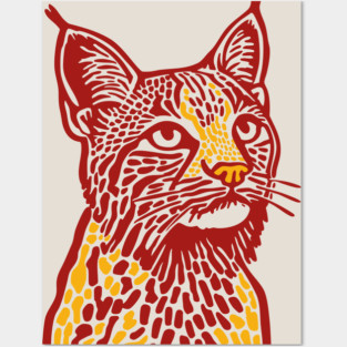 Red Bobcat Linocut Art - Feline Lover Gift Posters and Art