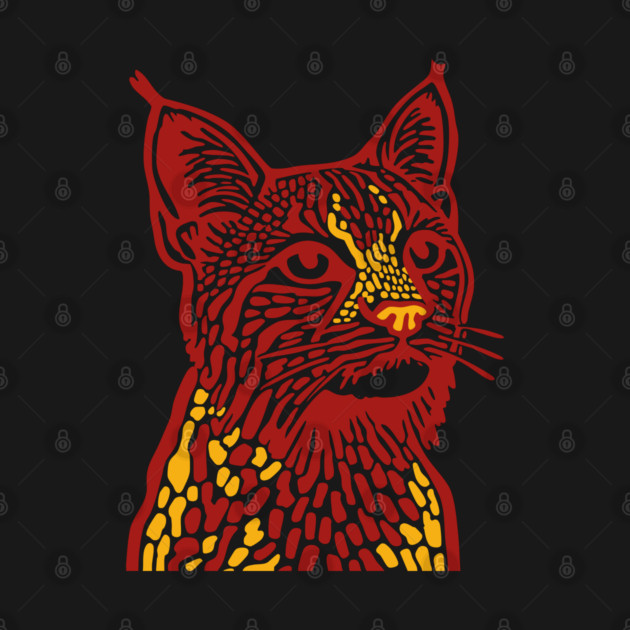 Red Bobcat Linocut Art - Feline Lover Gift by TuncGK