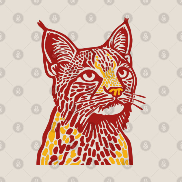 Red Bobcat Linocut Art - Feline Lover Gift by TuncGK