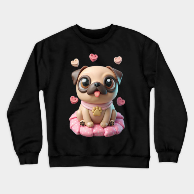 Fat Pug Cartoon with Hearts – Playful Pet Design Crewneck Sweatshirt by IamActiveDog