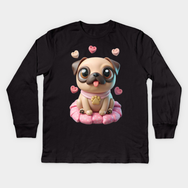 Fat Pug Cartoon with Hearts – Playful Pet Design Kids Long Sleeve T-Shirt by IamActiveDog