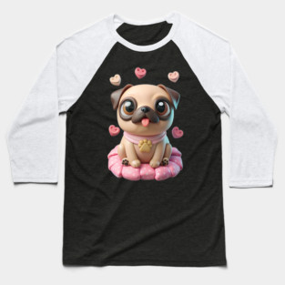 Fat Pug Cartoon with Hearts – Playful Pet Design Baseball T-Shirt