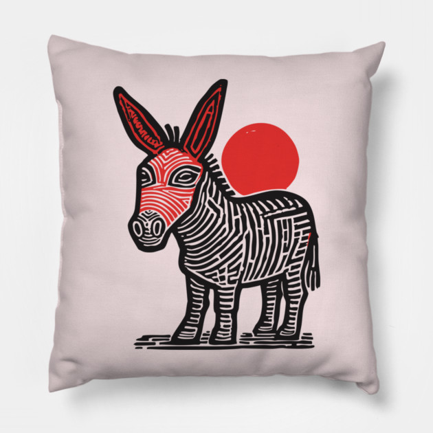 Linocut Donkey Art - Farm Animal Gift Pillow by TuncGK