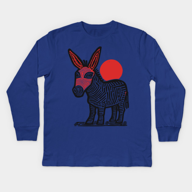 Linocut Donkey Art - Farm Animal Gift Kids Long Sleeve T-Shirt by TuncGK