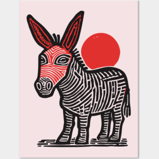 Linocut Donkey Art - Farm Animal Gift Posters and Art