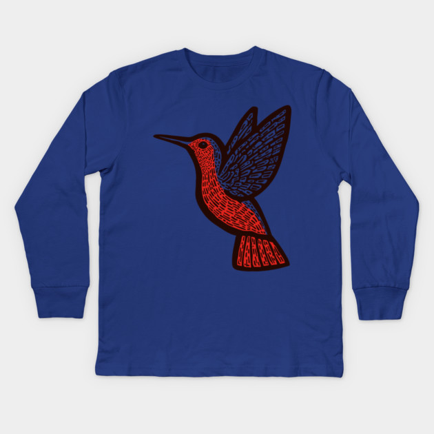 Hummingbird Linocut Art - Nature Lover Gift Kids Long Sleeve T-Shirt by TuncGK