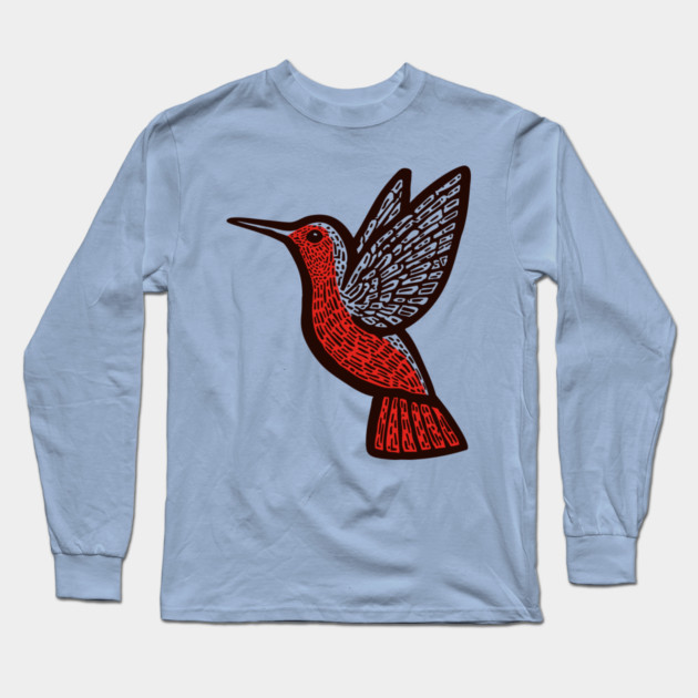 Hummingbird Linocut Art - Nature Lover Gift Long Sleeve T-Shirt by TuncGK