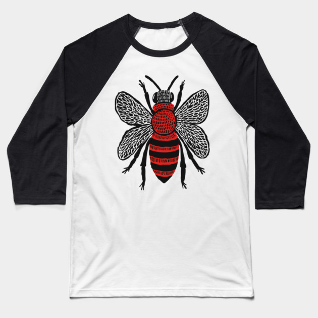 Bee Linocut Art - Nature-Inspired Gift Baseball T-Shirt by TuncGK