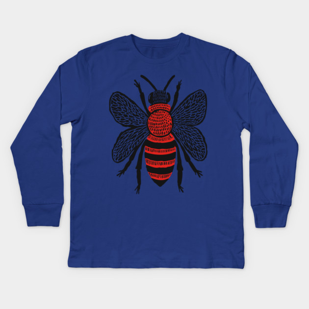 Bee Linocut Art - Nature-Inspired Gift Kids Long Sleeve T-Shirt by TuncGK