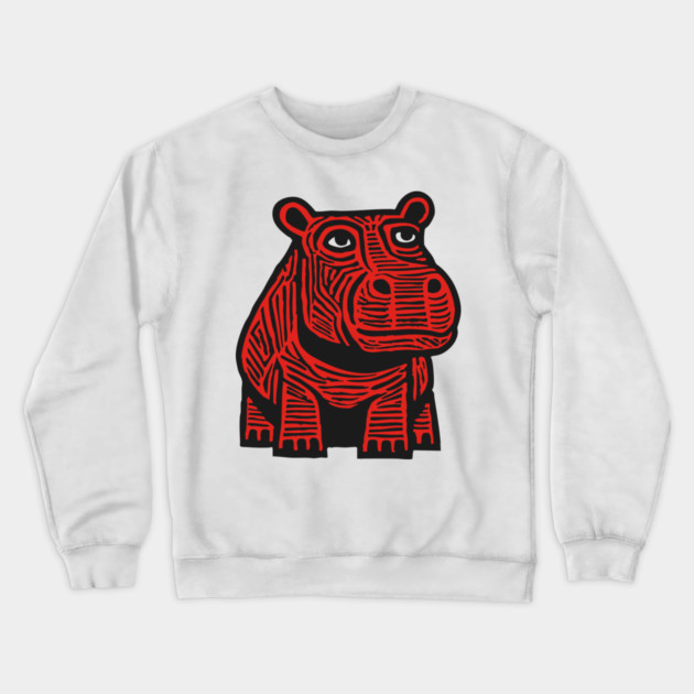 Hippo Linocut Art - Nursery Animal Decor Crewneck Sweatshirt by TuncGK