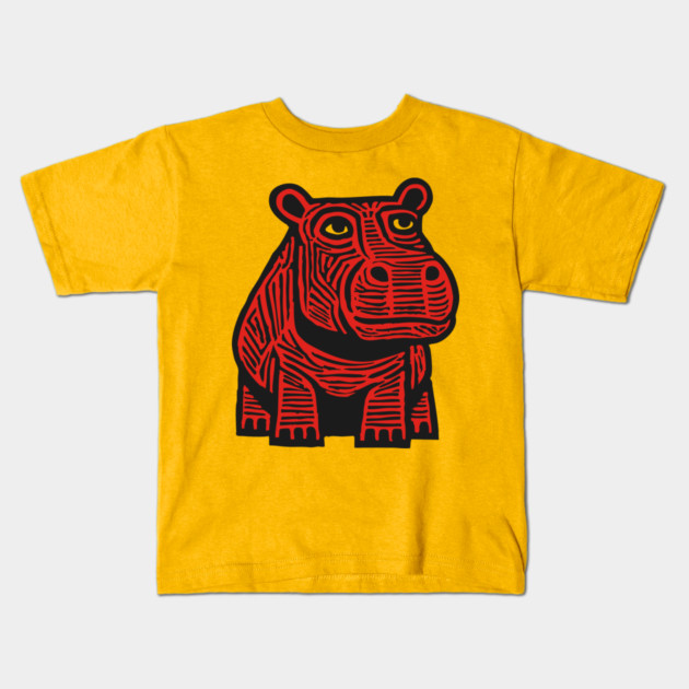 Hippo Linocut Art - Nursery Animal Decor Kids T-Shirt by TuncGK