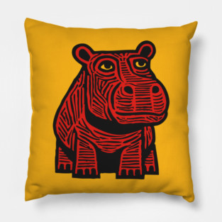 Hippo Linocut Art - Nursery Animal Decor Pillow