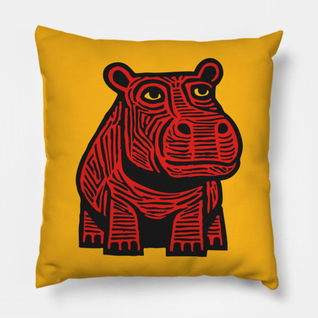 Hippo Linocut Art - Nursery Animal Decor Pillow by TuncGK