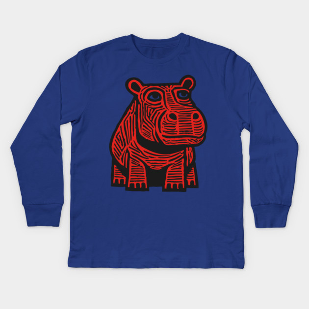 Hippo Linocut Art - Nursery Animal Decor Kids Long Sleeve T-Shirt by TuncGK