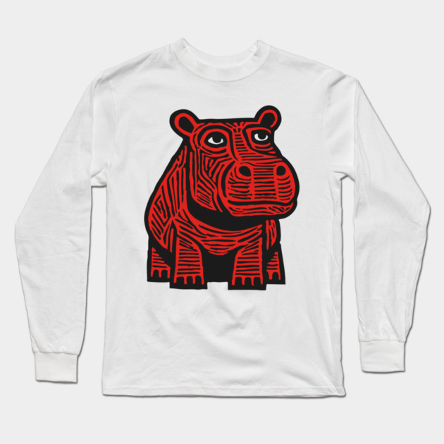 Hippo Linocut Art - Nursery Animal Decor Long Sleeve T-Shirt by TuncGK