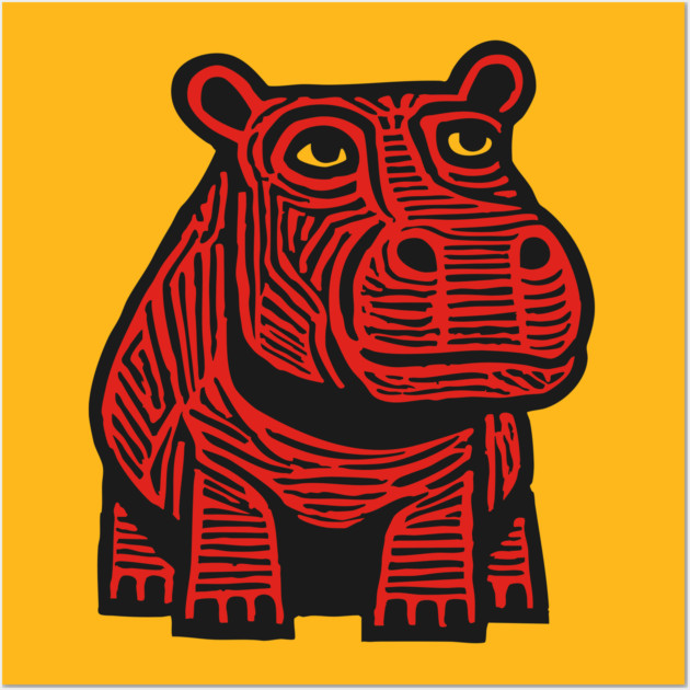 Hippo Linocut Art - Nursery Animal Decor Wall Art by TuncGK