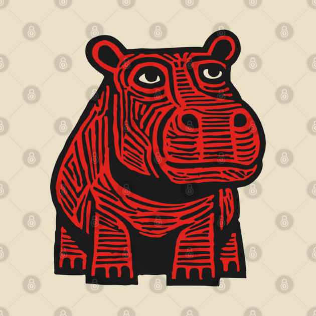Hippo Linocut Art - Nursery Animal Decor by TuncGK