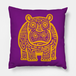 Yellow Hippo Linocut Art - Kids Room Decor Pillow