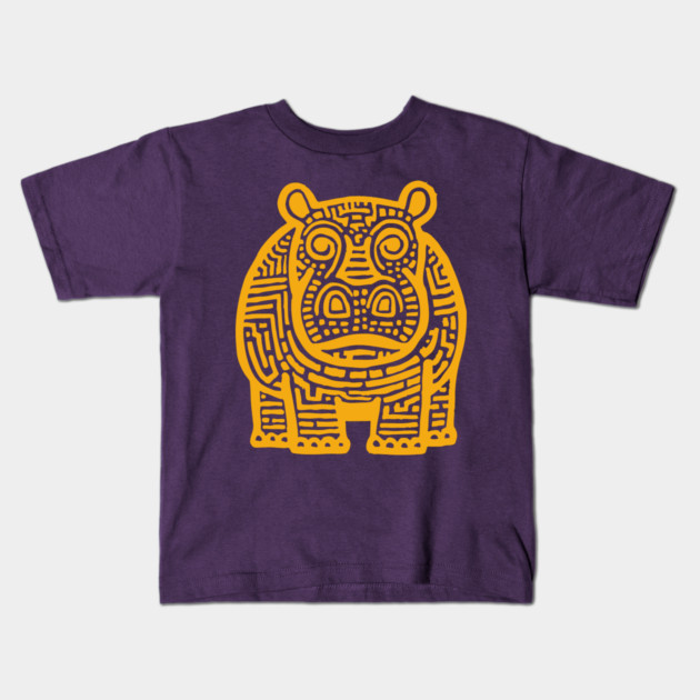 Yellow Hippo Linocut Art - Kids Room Decor Kids T-Shirt by TuncGK