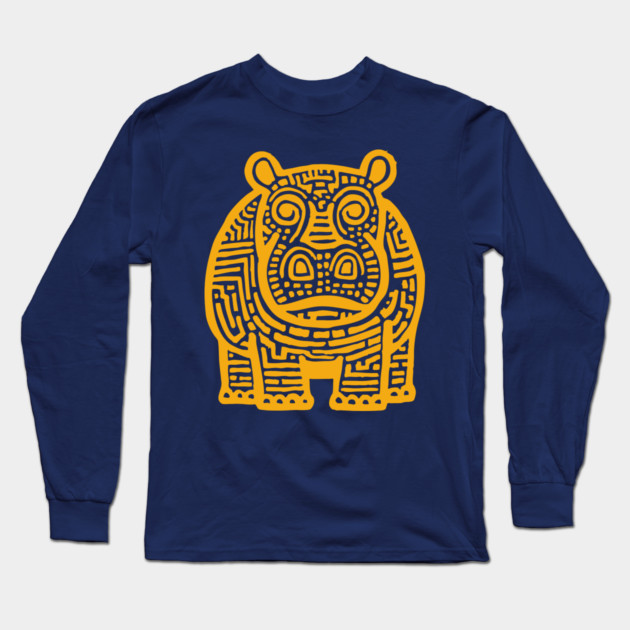 Yellow Hippo Linocut Art - Kids Room Decor Long Sleeve T-Shirt by TuncGK