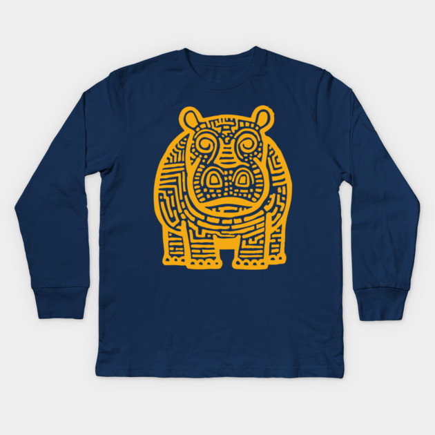 Yellow Hippo Linocut Art - Kids Room Decor Kids Long Sleeve T-Shirt by TuncGK