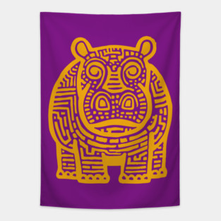Yellow Hippo Linocut Art - Kids Room Decor Tapestry