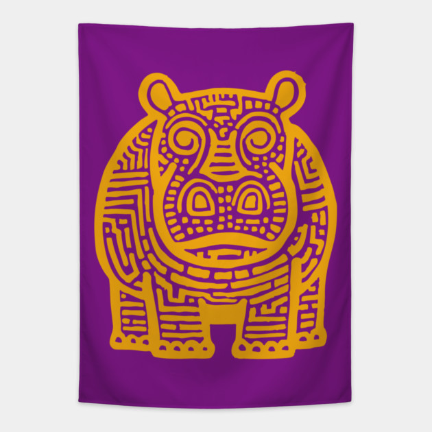 Yellow Hippo Linocut Art - Kids Room Decor Tapestry by TuncGK