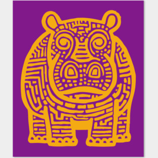 Yellow Hippo Linocut Art - Kids Room Decor Posters and Art