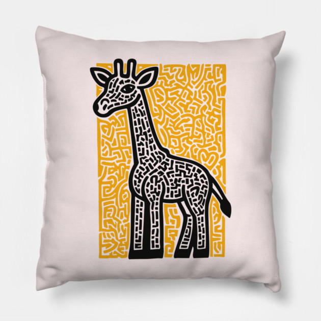 Linocut Giraffe Art - Safari-Themed Decor Pillow by TuncGK