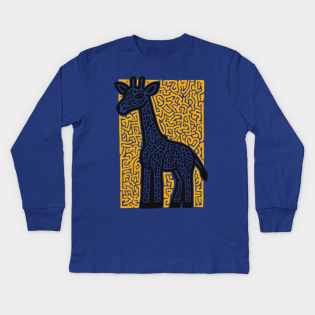Linocut Giraffe Art - Safari-Themed Decor Kids Long Sleeve T-Shirt by TuncGK