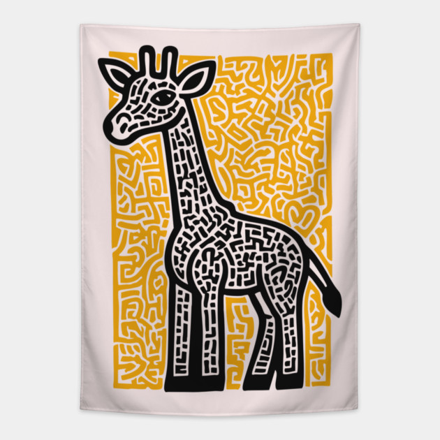 Linocut Giraffe Art - Safari-Themed Decor Tapestry by TuncGK