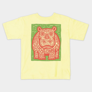 Red and Green Hippo Linocut Art - Playful Nursery Decor Kids T-Shirt