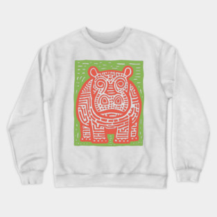Red and Green Hippo Linocut Art - Playful Nursery Decor Crewneck Sweatshirt