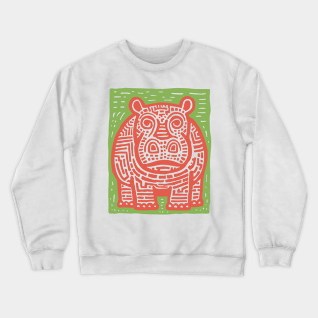 Red and Green Hippo Linocut Art - Playful Nursery Decor Crewneck Sweatshirt by TuncGK